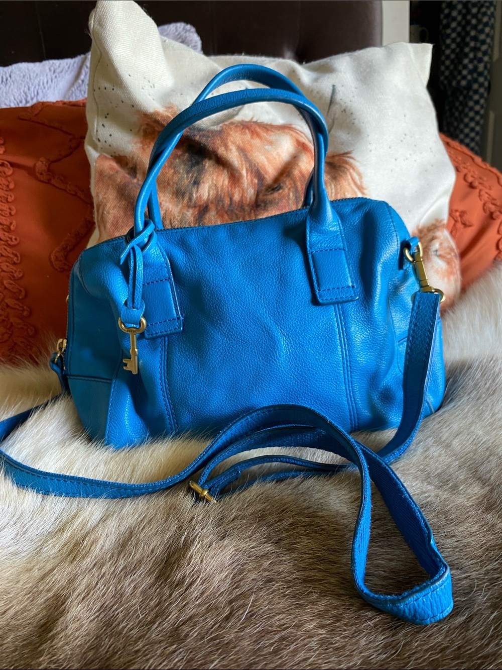 Fossil Blue Leather Satchel Handbag